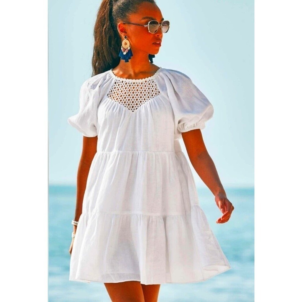 Lilly Pulitzer Charlet Short Puff Sleeve 100% Linen Dress Size 2 White Tiered‎